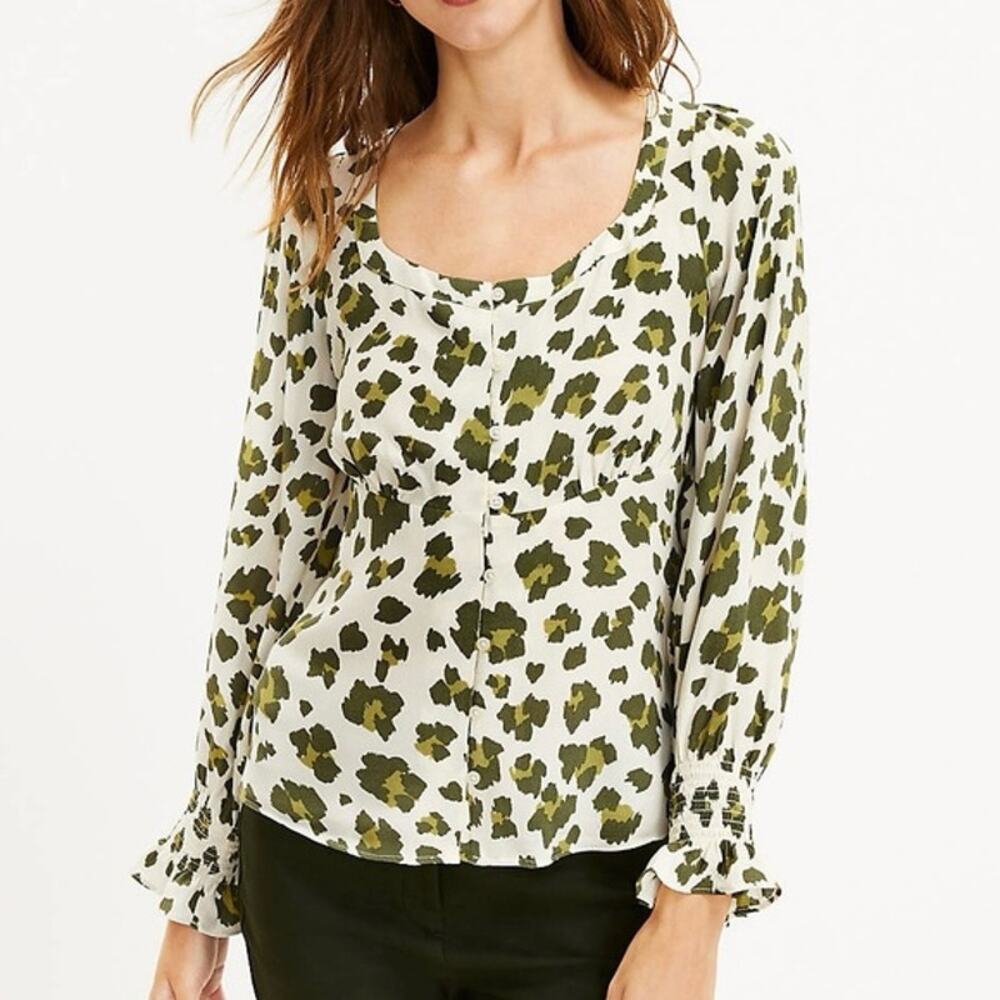 Ann Taylor Loft Cheetah Print Square Neck Blouse Green L